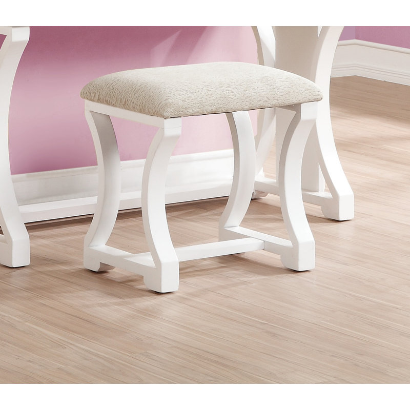 Unique Modern Bedroom Vanity Set w Stool Foldable Mirror Drawers White Color MDF Veneer Vanity Furniture, White