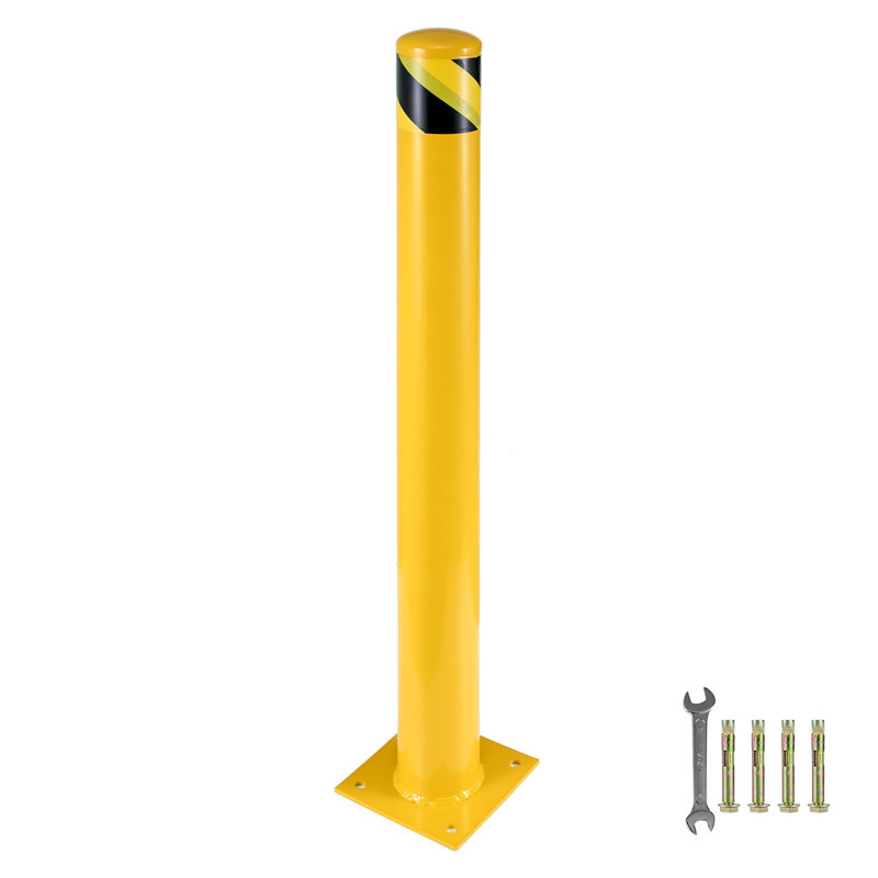 Heavy-Duty Steel Safety Bollard Post - 48" Yellow Parking Barrier with High-Visibility Stripe & Anchor Bolts