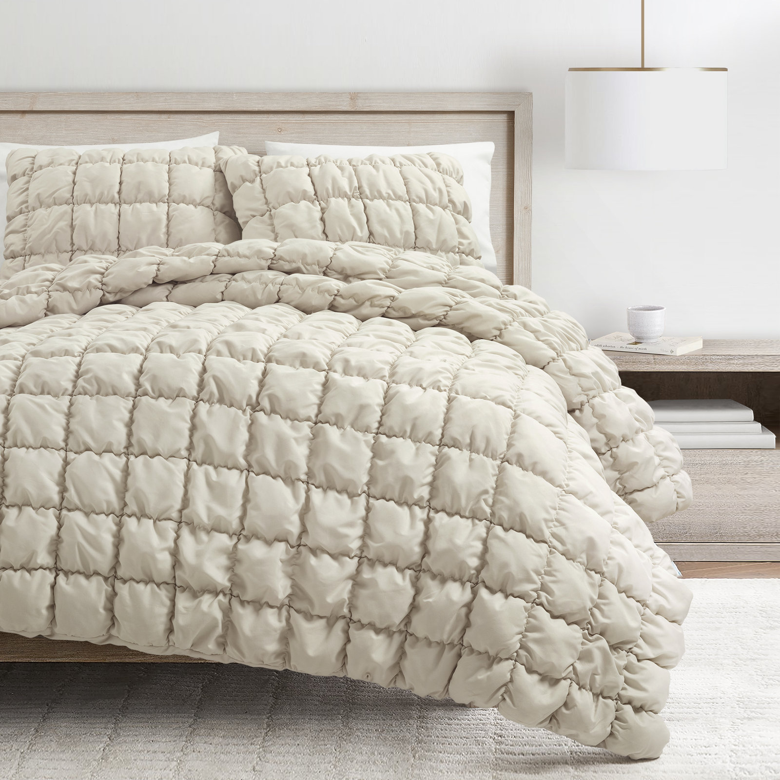 Puff Comforter Set, Queen Comforter + 2 Standard Shams, Beige