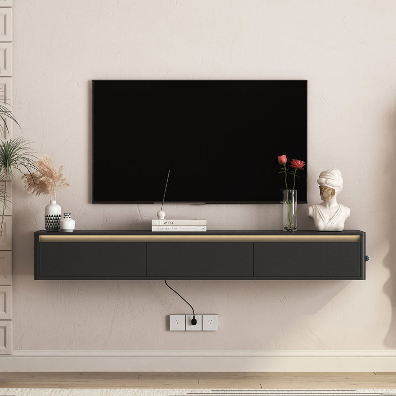 Meuble télé flottant, meuble télé mural avec lumières DEL et armoire de prise de courant pour meuble télé de salon, Noir