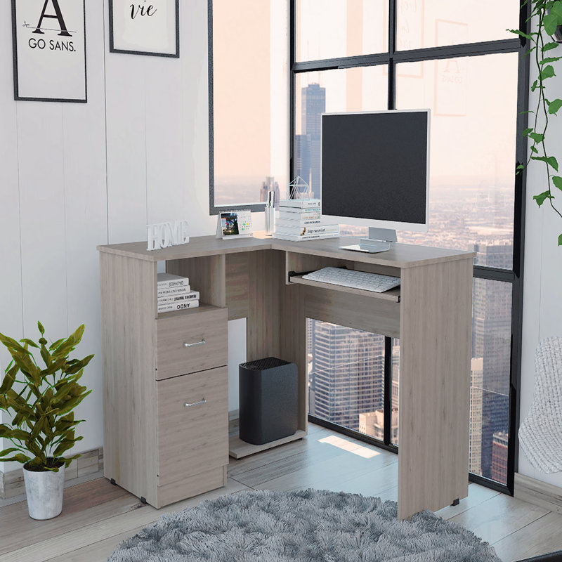 Mix L-Shaped Desk, Light Gray with Keyboard Tray, Two Drawers & Single Open Shelf