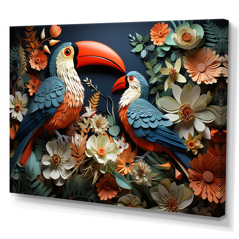 Bleu et rose, tropiques, toucan, collage II - art mural toucan, Toile tendue, H 30 po x l 40 po x P 1,5 po