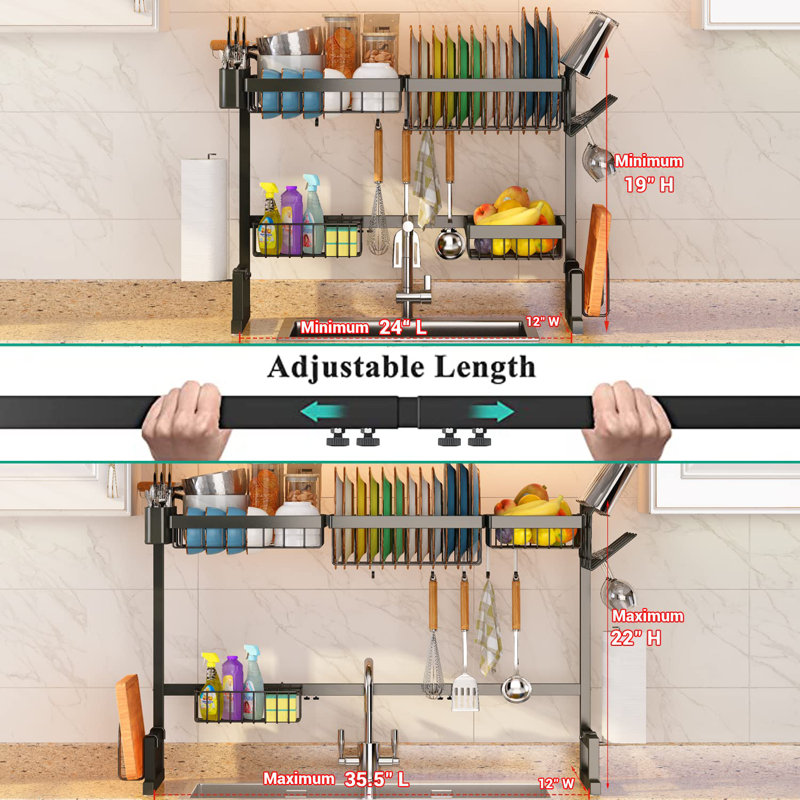 Over The Sink Drying Rack (Expandable Dimension) Snap-On Design 2 Tier Large Dish Rack Kitchen Count Organization and Storage