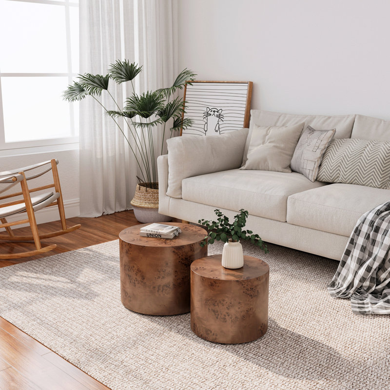 Nesting Coffee Table Set Of 2, Modern Round Coffee Table, Wooden Circle Accent Tables For Small Spaces Living Room Bedroom Balcony Office Drum Side Table, Brown Burl