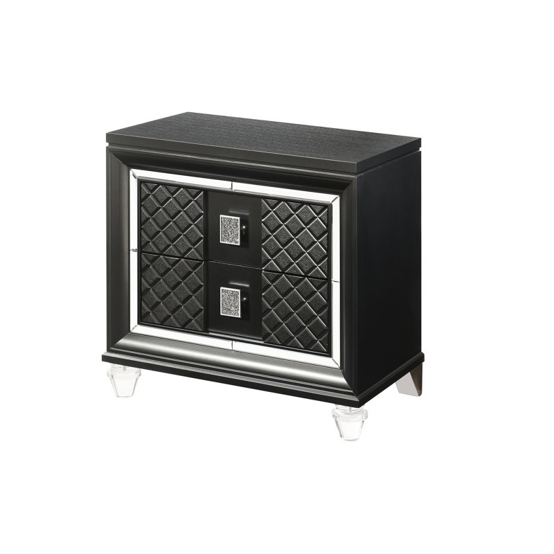 Table de chevet gracieuse grise avec garniture luxueuse et structure stable glamour en gris: 2 tiroirs spacieux, accessoires étincelants, matériaux, rangement supérieur en feutre, base, poignée élégante