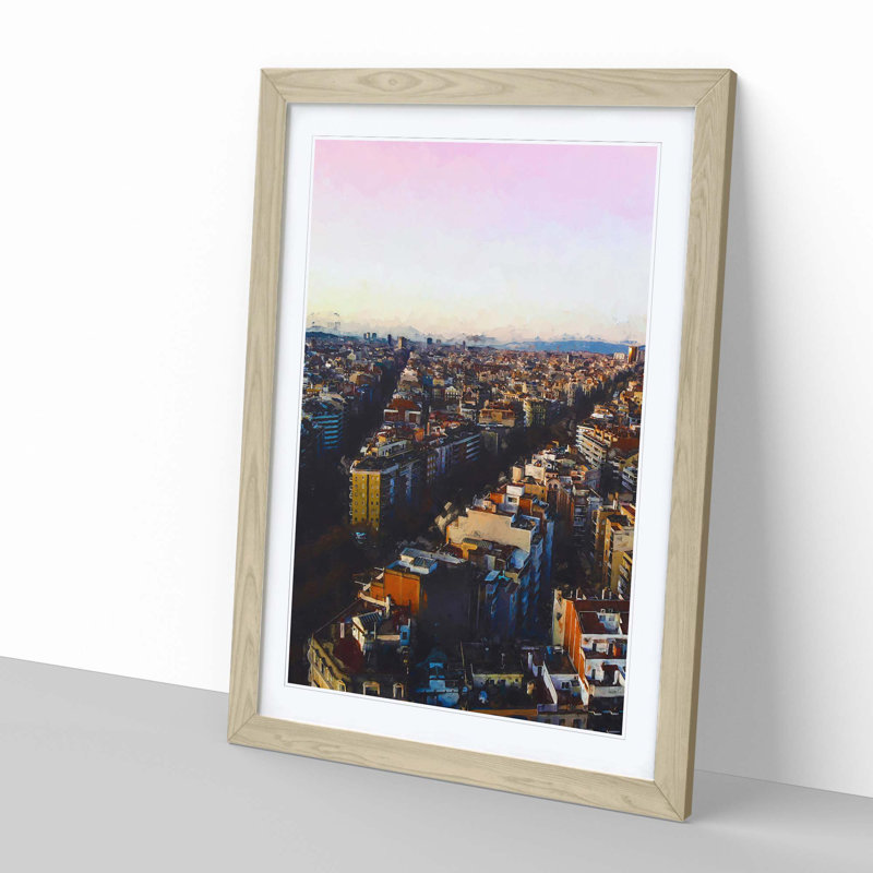 View of Barcelona in Spain in Abstract - Picture Frame Graphic Art Print, Oak, 50cm H x 35cm W x 2cm D