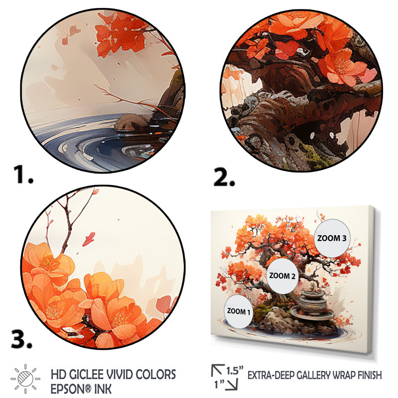 Autumnal Bonsai Charm II - Art mural arbre bonsaï, Cadre flottant blanc, H 12 po x l 20 po x P 1 po