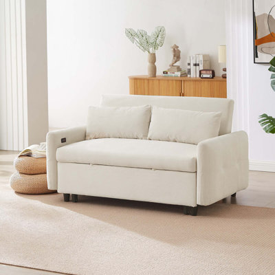 57.48"Sleeper Sofa with Two Throw Pillows and USB Ports