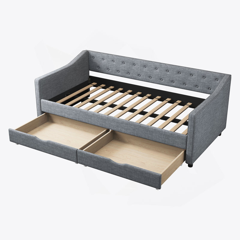 Lit de jour simple avec tiroirs, canapé-lit capitonné, avec boutons sur le dos et passepoil sur les accoudoirs ondulés - Gris clair