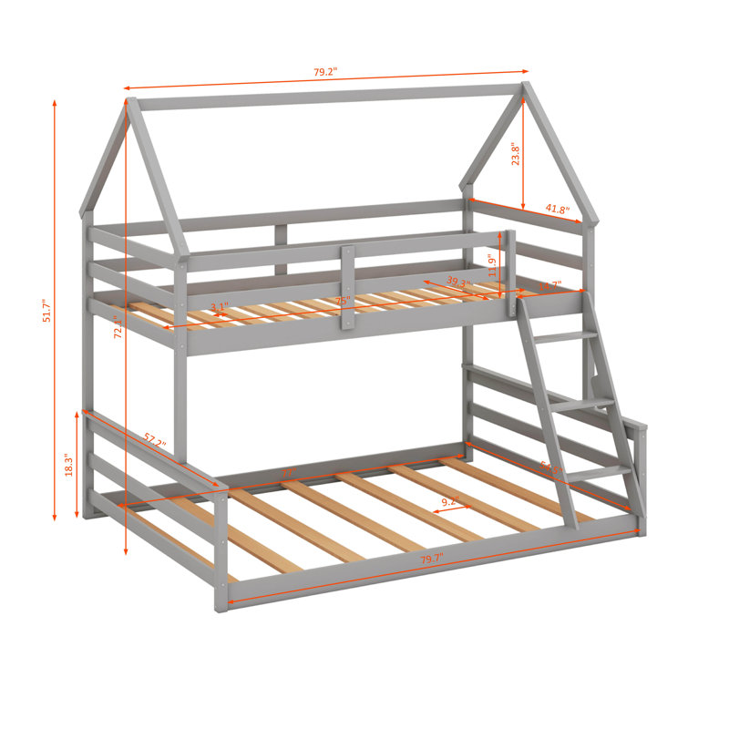 Twin Over Full House Bunk Bed With Built-In Ladder, Gray