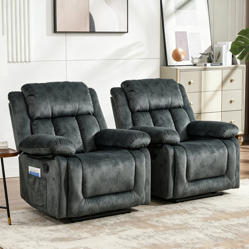 Fauteuil inclinable manuel en microfibre de 38,58 po de largeur avec rembourrage rembourré et poche de rangement latérale (ensemble de 2)