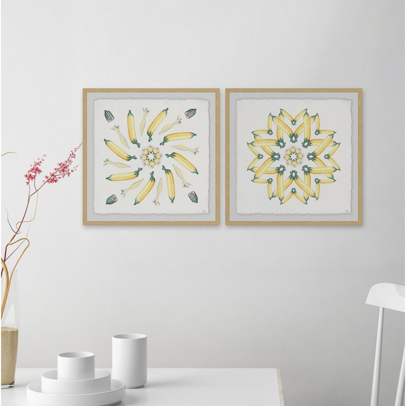 « banane burst diptych », ensemble de 2 reproductions de peintures à l’aquarelle encadrées, H 12 po x l 12 po x P 1,5 po