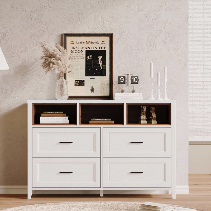 Commode 4 tiroirs avec 3 casiers ouverts couleur noyer, Blanc