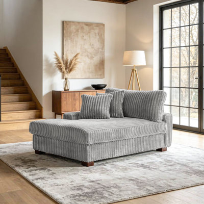 Oversized Upholstered Light Gray Faux Rabbit Fur Flannel Chaise Lounge with Armrests & Throw Pillows