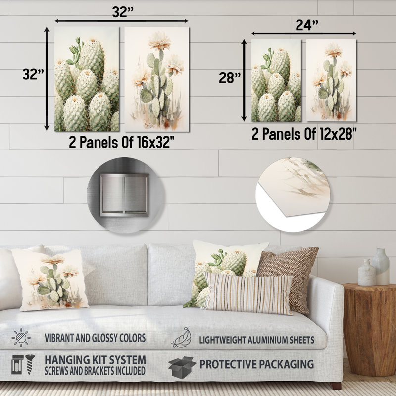 Cactus minimaliste beige et vert - Cactus en métal, ensemble de 2, H 32 po x l 32 po