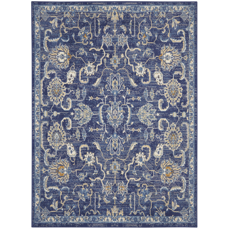 Tapis bleu marine d'inspiration persane, Rectangle 3 pi 9 po x 5 pi 9 po