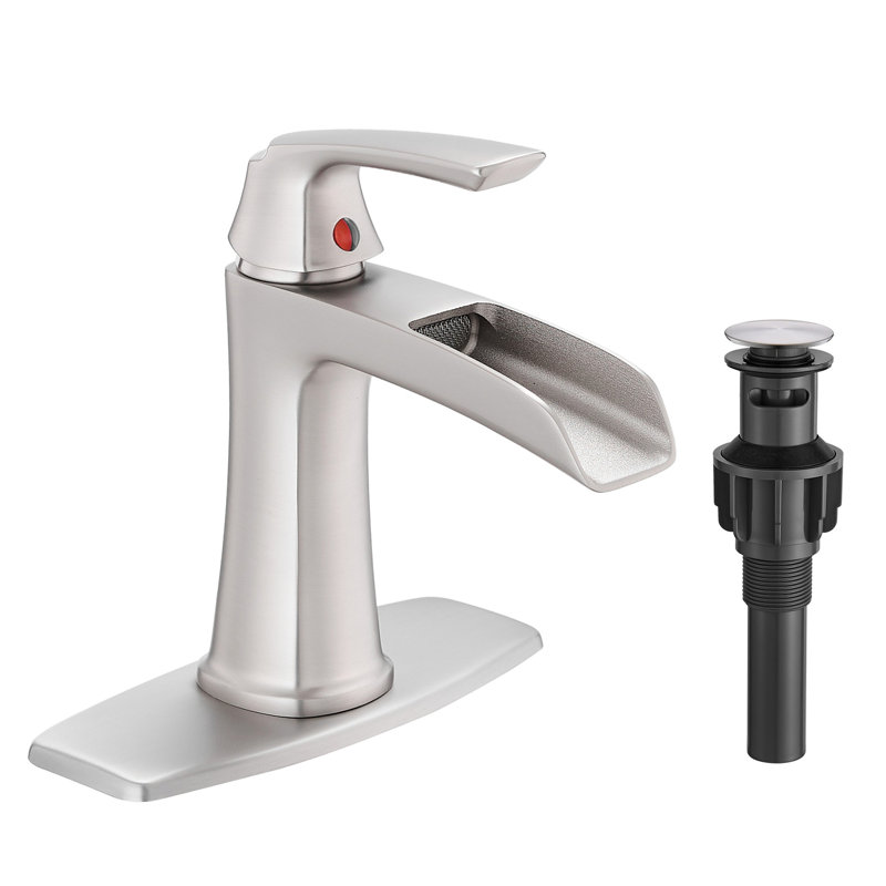 Robinet de salle de bain en or brossé avec poignée simple, bec cascade, bonde escamotable, filtre à 3 couches, installation au 1/3 trou, économiseur d'eau, plaque de pont à poignée en céramique, cartouche, empreinte digitale