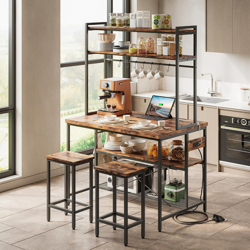 Kitchen Island with Stools, Dining Table Set with Storage and Power Outlet