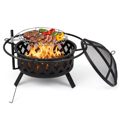 Black Outdoor Fire Pit with Rotatable Grill Grate & Breathable Mesh