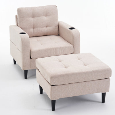 Fauteuil et rangement rembourrés beiges - confortables, porte-gobelets, pour le salon et la chambre à coucher
