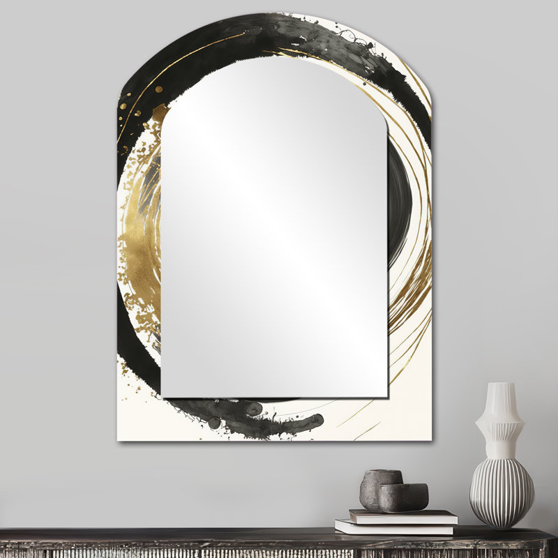 Black And Gold Curves IV - Abstract Spirals Irregular Shape Unique Mirror, Black Asymmetrical Large Wall Mirror, Printed Metal Art