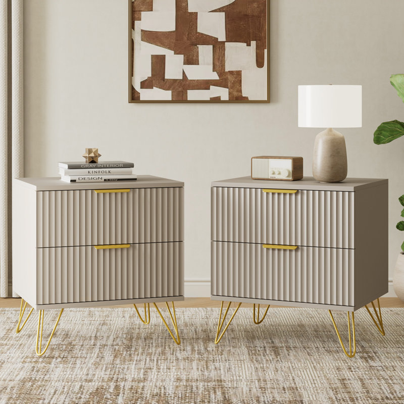 Table de chevet cannelée avec 2 tiroirs, Beige