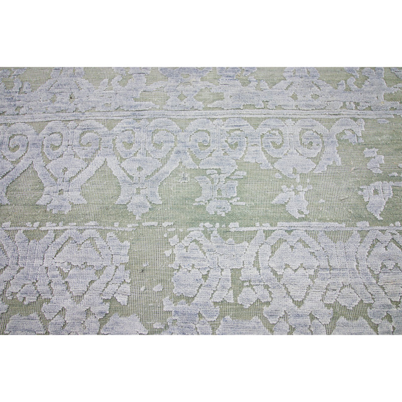 Tapis vert clair / bleu noué à la main de haute qualité, Rectangle 9 pi x 12 pi