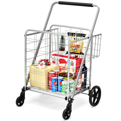 Folding Shopping Cart Jumbo Double Basket Grocery Cart with Wheels