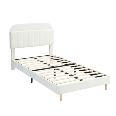 Base de lit tapissier pour enfants avec tête de lit bibliothèque, 2 compartiments de rangement ouverts, pieds de support robustes, 12 lattes en bois, structure silencieuse, assemblage facile