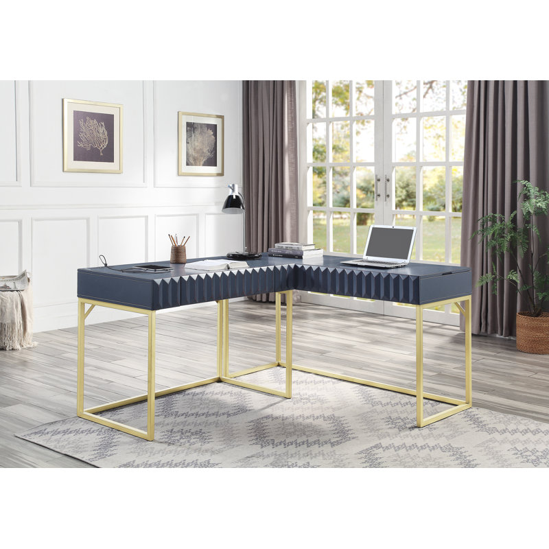 Livengood Adjustable L-Shaped Metal Base Writing Desk with Power Outlet, Blue/Gold