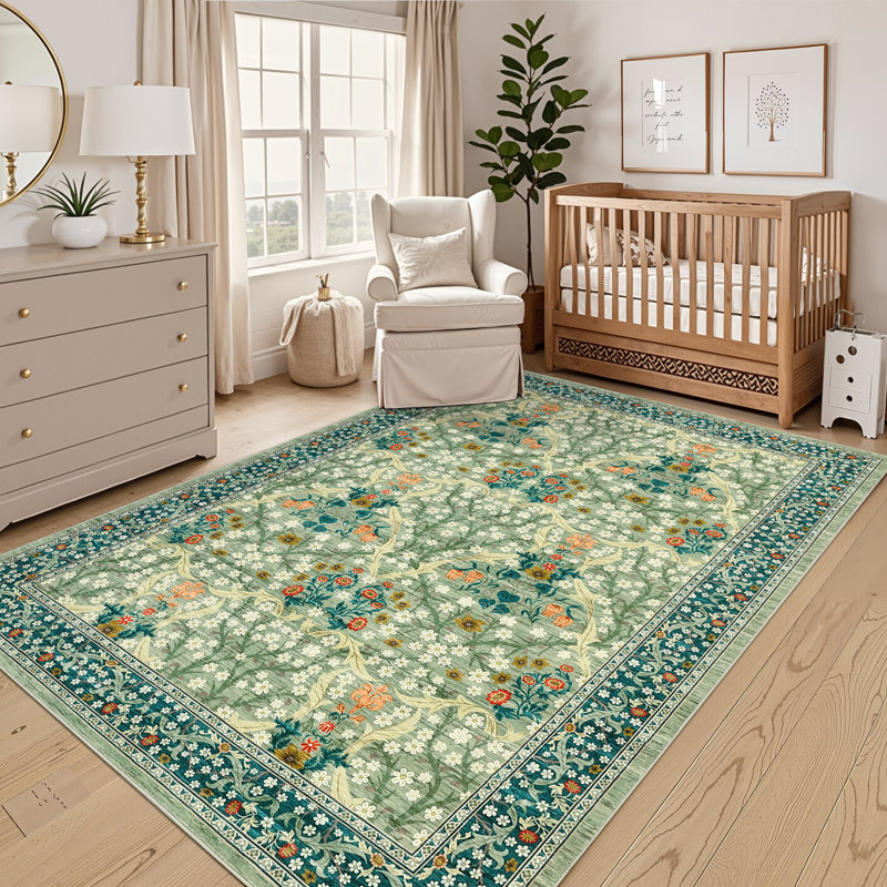Vintage Floral Area Rug Washable Rugs Stain Resistant Easy Cleaning Indoor Carpet With Non-Slip Backing Low Pile Floor Cover Non Shedding Folding Throw Carpet For Home Decor