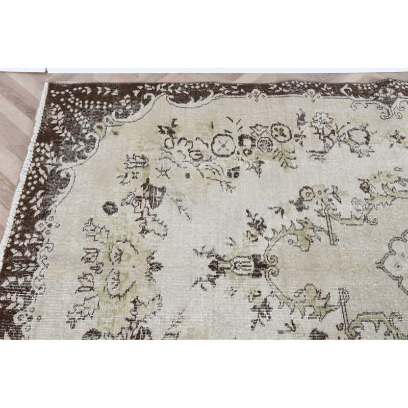 Grand tapis turc beige Oushak pour la salle à manger - Tapis en laine noué à la main de style rétro avec des motifs traditionnels élégants et des tons naturels chaleureux