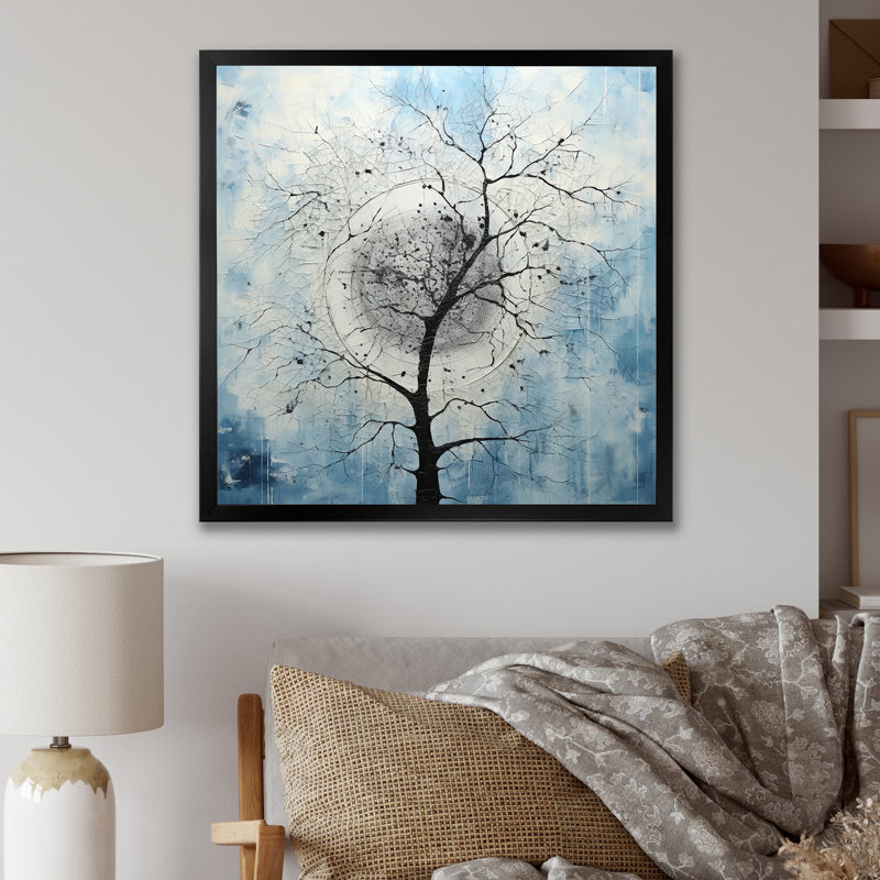 Minimalisme arbre bleu paysage IV sur toile, H 16 po x l 16 po x P 1 po, Cadre simple noir