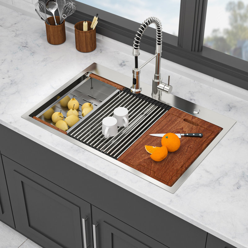 Topmount Drop In Kitchen Sink - 33"X 22" X 10" Double Bowl (50/50) Kitchen Sink 16 Gauge With Two 10" Deep Basin, Brushed Nickel