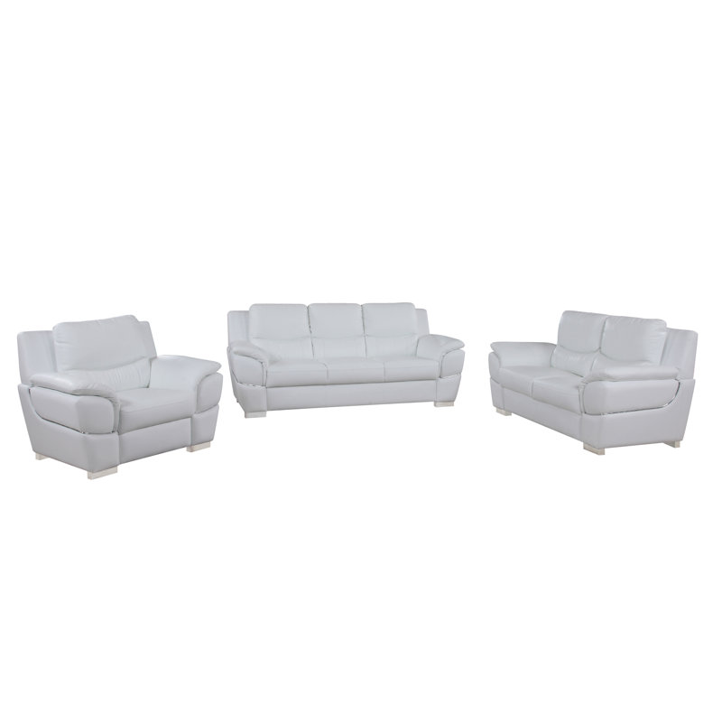Dempsy Genuine Leather Sofa, Loveseat, and Chair Set, White