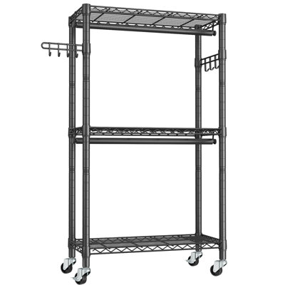 Heavy - Duty Rolling Clothes Rack with 3 - Tier Adjustable Wire Shelving, Double Rods and Side Hooks