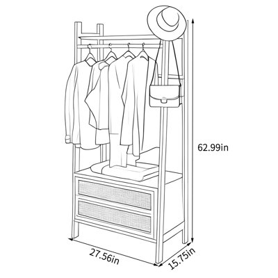 Ash Wood Coat Rack with Rattan Drawers