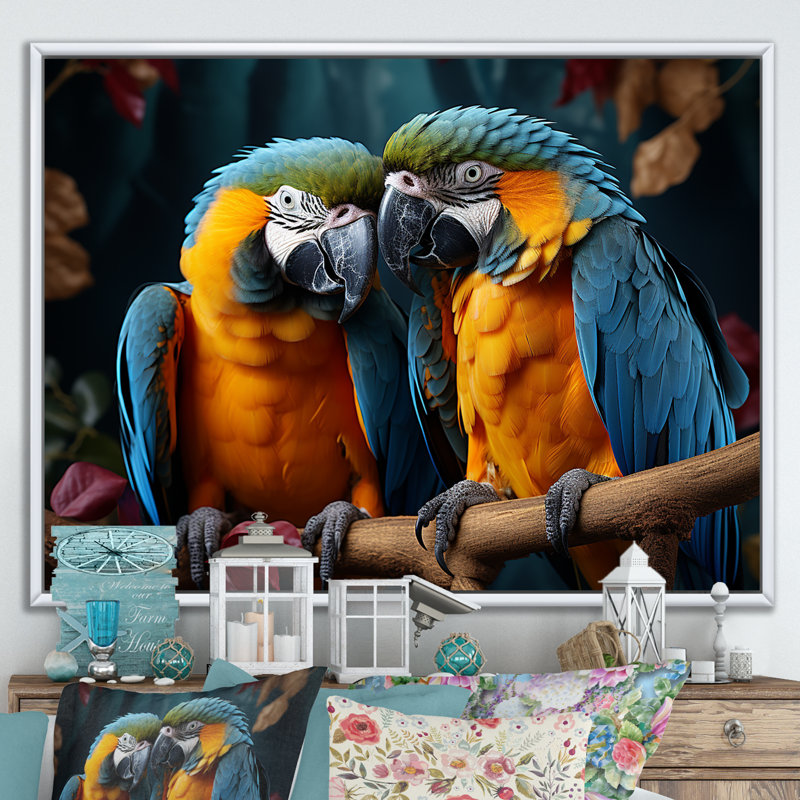Parrots Vivid Conversations I, Cadre flottant blanc, H 30 po x l 40 po x P 1,5 po