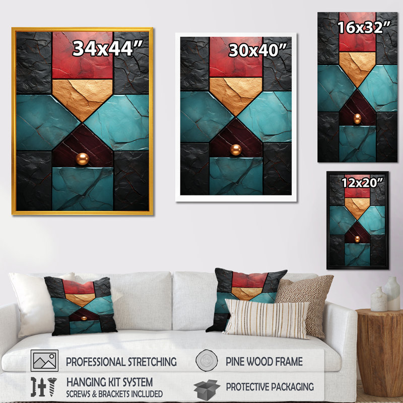 Carreaux à chevrons bleus et rouges Elegance I - art mural abstrait, H 32 po x l 24 po x P 1 po, Cadre flottant noir
