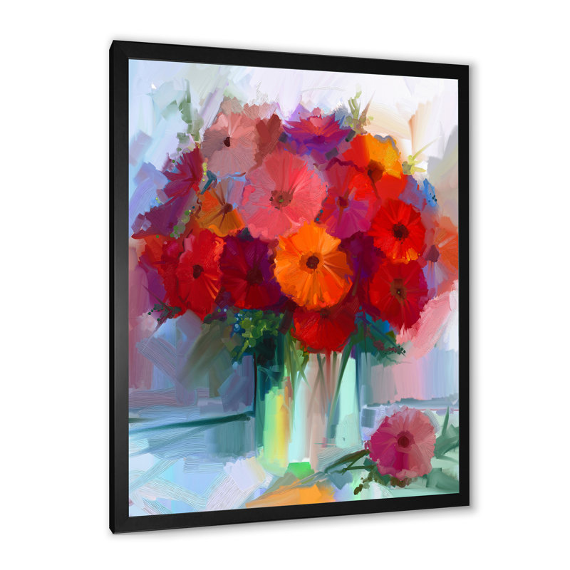 Fleurs abstraites de gerbera rouge II - peinture, Cadre photo noir, H 20 po x l 12 po x P 1 po