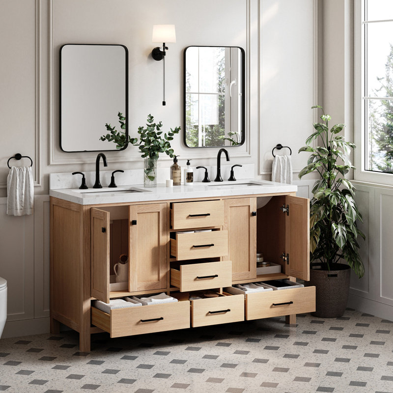 Ensemble de meuble-lavabo double 60 po , Chêne / noir mat, Rectangular