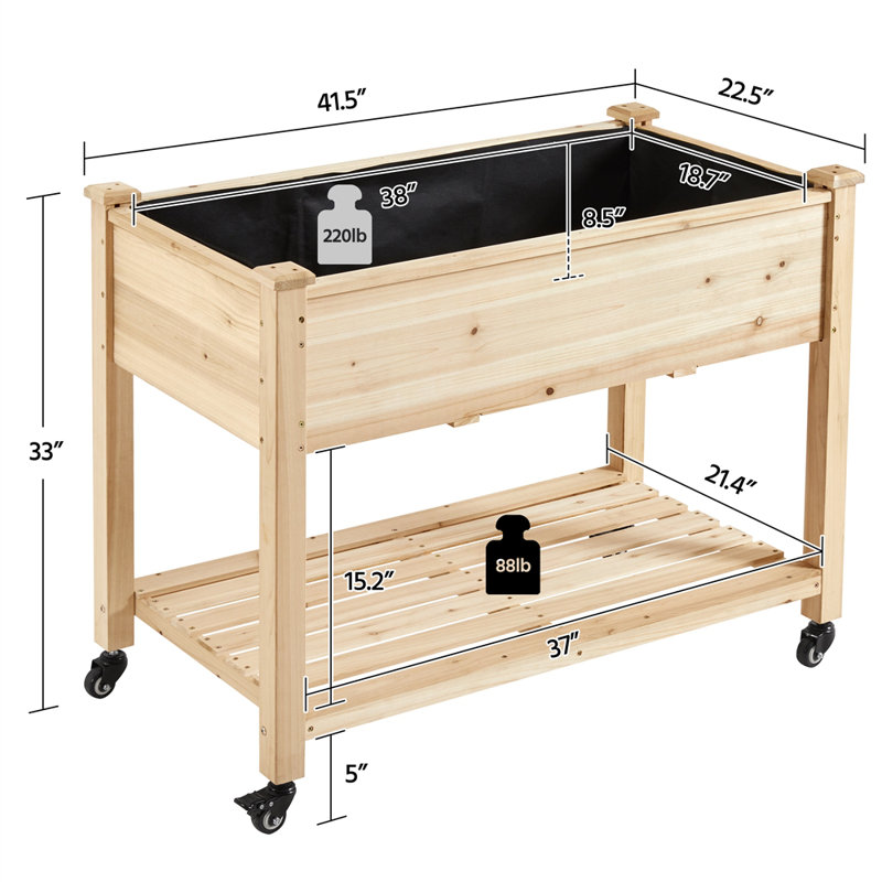 Alhanouf Fir Wood Elevated Planter with Fabric Liner & Wheels, 33'' H x 41.5'' W x 22.5'' D