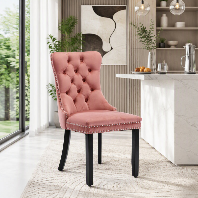 Chaise de salle à manger contemporaine en bois massif recouverte de velours, Rose