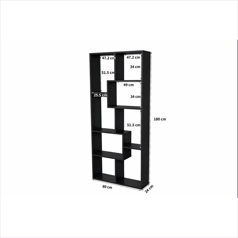 Bibliothèque verticale à 5 niveaux avec rangement asymétrique, bois synthétique, ton noir, étagère multi-usage pour les petits espaces de vie et les bureaux à domicile
