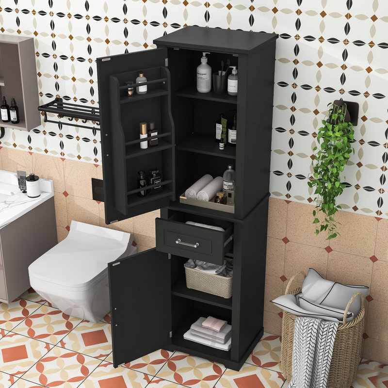 Tall Bathroom Cabinet with Adjustable Shelves, 2 Doors, Drawer and Anti-Tip Safety, Black