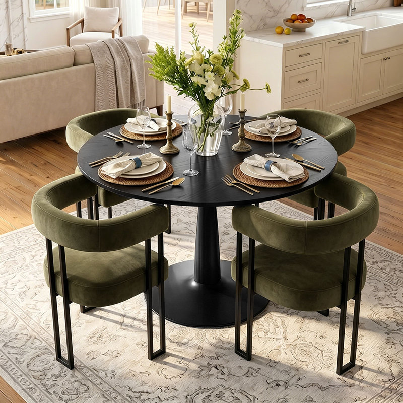 4 - Person Dining Table Sets With Round Table & 4 Upholstered Velvet Chairs, Green