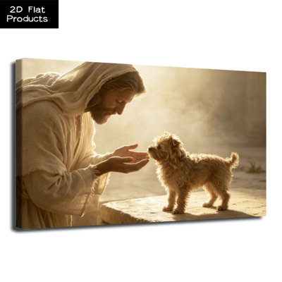 Man in Flowing Robe Reaching to Small Dog in Warm Serene Lighting Canvas Wall Art Print - Gallery Wrap Canvas with Solid Wood Inner Frame