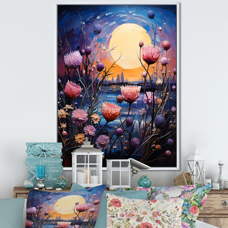 Symphonie de chardon pêche - décoration murale florale et botanique, Cadre flottant blanc, H 20 po x l 12 po x P 1 po