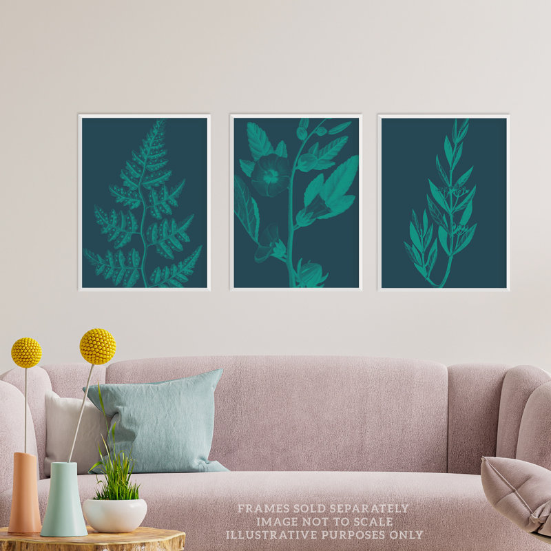 Teal Turquoise Leaves Plant Frond And Tree Blooms Botanical - 3 Piece No Frame Print Set, 29.7cm H x 21cm W x 0.4cm D