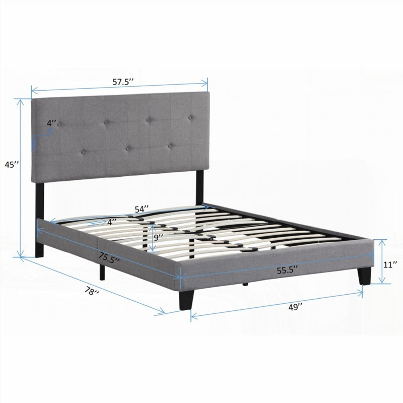 Structure de lit double tapissier pleine grandeur avec tête de lit moderne en tissu capitonné à boutons, aucun sommier requis, support de lattes en bois robuste, assemblage facile, gris